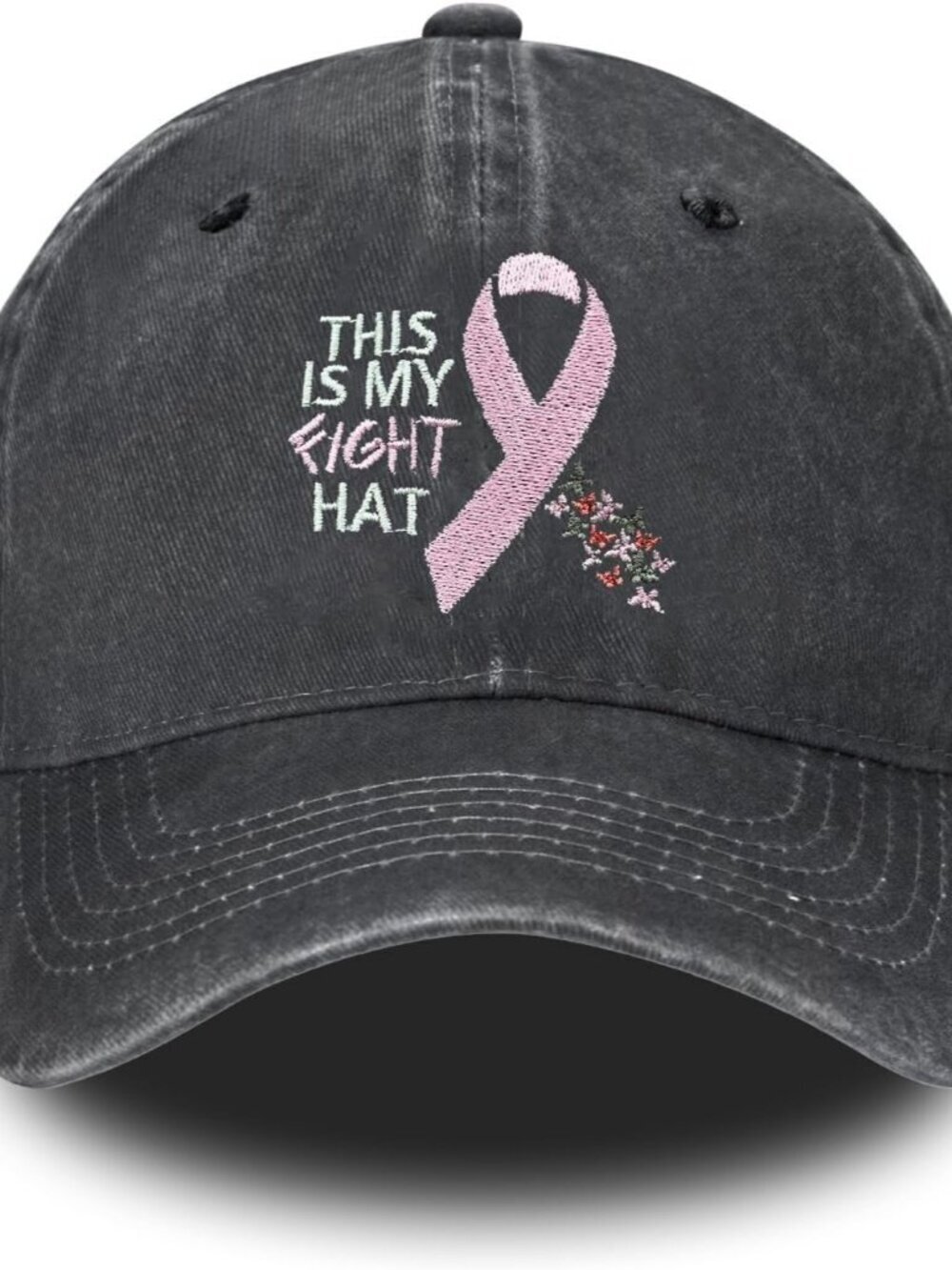 Women's Embroidery Adjustable Washed Distressed Trucker Hat Breast Cancer